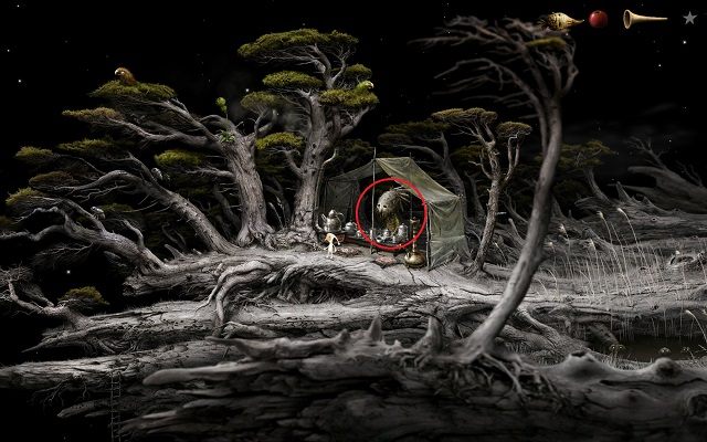 Podejdź do namiotu i przeciągnij mandragorę na osobę zaznaczoną na powyższym obrazku - Uwolnij statek | Wielka Kłoda Samorost 3 - Samorost 3 - poradnik do gry