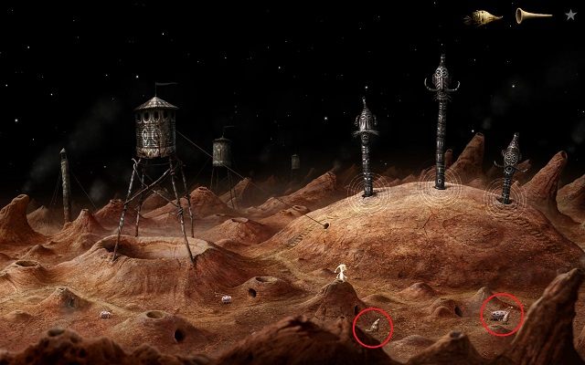 Swoją uwagę skieruj na obiekty zaznaczone na powyższym obrazku - Uruchom Windę | Planeta Wulkanów Samorost 3 - Samorost 3 - poradnik do gry