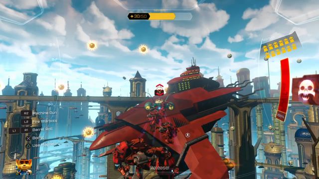... a następnie wyrzuć je w odpowiednim momencie, by uszkodzić okręt wojenny. - Ratchet & Clank: Planeta Kerwan - solucja, opis przejścia, wszystkie zadania - Ratchet & Clank - poradnik do gry