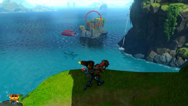 Widoczna w oddali skała ze Złotą Śrubką na jej szczycie. - Ratchet & Clank: Planeta Pokitaru - solucja, opis przejścia, wszystkie zadania - Ratchet & Clank - poradnik do gry