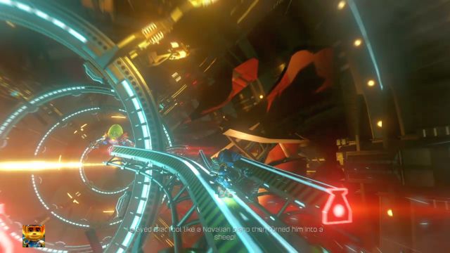 Nie przegap skoku na sąsiednią szynę. - Ratchet & Clank: Deplanetiser, powrót - solucja, opis przejścia, zadania - Ratchet & Clank - poradnik do gry