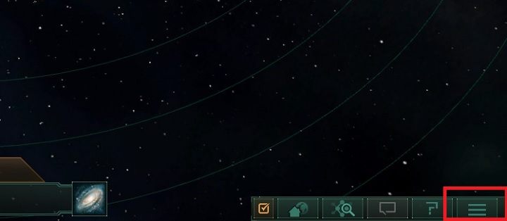 W tym celu uruchom menu gry za pomocą klawisza ESC lub przycisku wskazanego na powyższym obrazku - Tworzenie fundamentów imperium | Dobry start w Stellaris - Stellaris - poradnik do gry