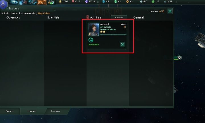 Wybrany dowódca będzie dostępny w panelu ogólnym w wyznaczonej dla niego kolumnie - Tworzenie fundamentów imperium | Dobry start w Stellaris - Stellaris - poradnik do gry
