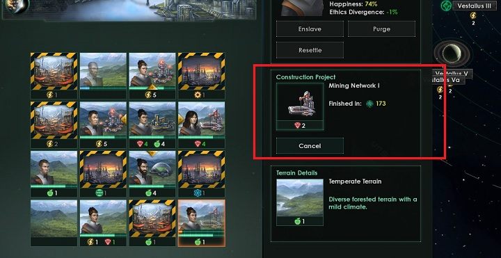 Wybranie budynku rozpocznie proces konstrukcyjny widoczny w panelu sektora - Zajmowanie układów i kolonizacja planet | Dobry start w Stellaris - Stellaris - poradnik do gry
