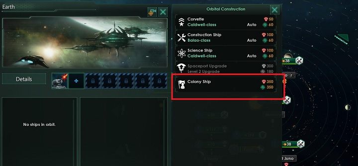 Zauważ, ze lista dostępnych jednostek została rozszerzona o dodatkową jednostkę - statek kolonizacyjny - Zajmowanie układów i kolonizacja planet | Dobry start w Stellaris - Stellaris - poradnik do gry
