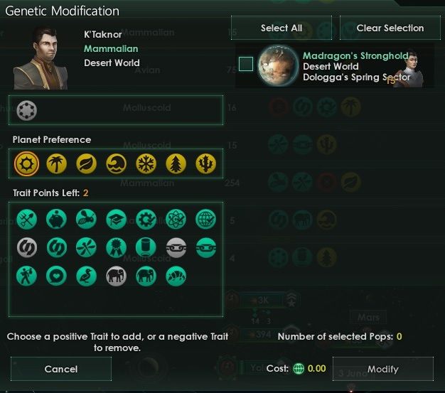 Przy każdej zmianie kombinacji genetycznej musisz wskazać planetę na której będzie przeprowadzona - Populacja | Zarządzanie w Stellaris - Stellaris - poradnik do gry