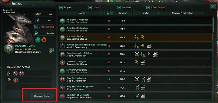 Okno dyplomacji dostępne jest za pośrednictwem zakładki Kontakty - Dyplomacja w Stellaris - Stellaris - poradnik do gry