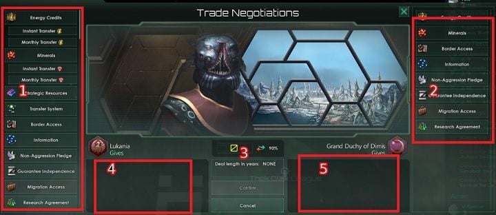 Wraz z wyborem wymiany handlowej poprzedni panel zostanie zastąpiony panelem handlu - Handel | Dyplomacja w Stellaris - Stellaris - poradnik do gry