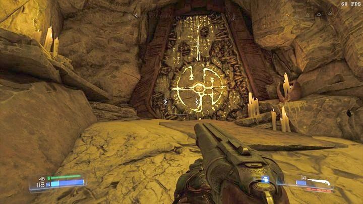 Pierwszy dziennik to świecący na zielono kryształ za żółtymi drzwiami wymagającymi czaszki tego samego koloru - Sanktuarium Kadingir | Sekrety | Doom - Doom - poradnik do gry