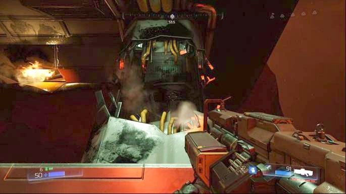 Po zebraniu wszystkie wejdź jeszcze wyżej, aż dojdziesz do szerokiej wyrwy - Obiekt Argentu (zniszczony) | Opis przejścia | Doom - Doom - poradnik do gry