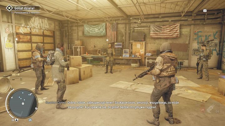 Po rozpoczęciu misji udaj się do Heather, która znajduje się w białym budynku w bazie - Goliat działa! | Opis przejścia - Homefront: The Revolution - poradnik do gry