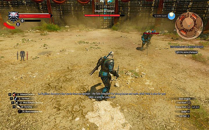 Atakuj Gregoirea po nieudanych jego akcjach kończących się uderzeniem mieczem w ziemię - Pieśń rycerskiego serca - quest turnieju rycerskiego | Zadania poboczne - Wiedźmin 3: Krew i wino - poradnik do gry