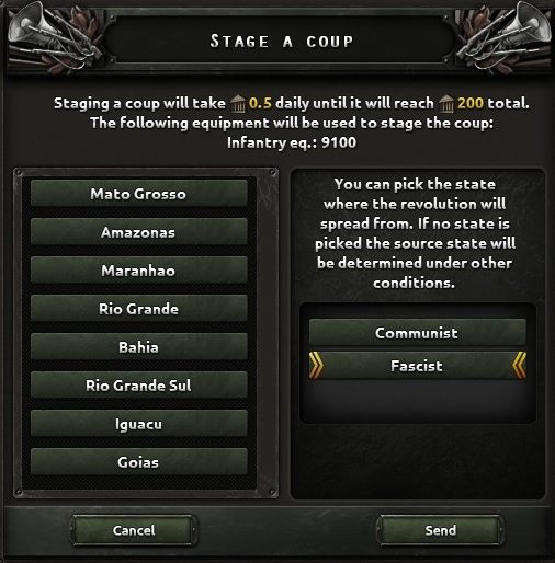 Organizacja przewrotu kosztuje 200 punktów siły politycznej pokrywanych poprzez dzienne raty wynoszące 0.5 punktu - Działania dyplomatyczne | Rząd w Hearts of Iron IV - Hearts of Iron IV - poradnik do gry