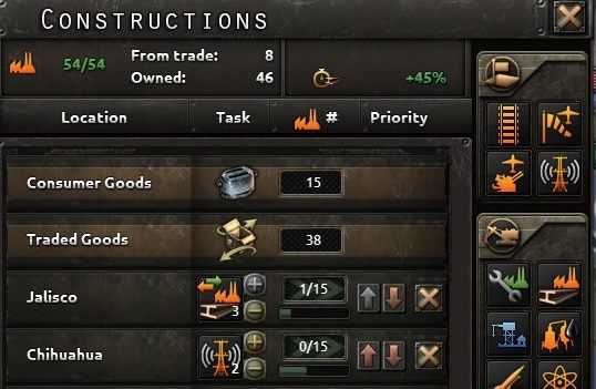 Na powyższym obrazku widoczny jest panel budowy w grze - Rozwój infrastruktury | Gospodarka w Hearts of Iron IV - Hearts of Iron IV - poradnik do gry