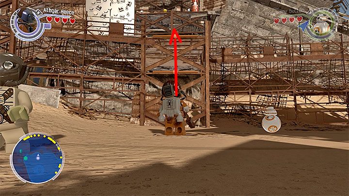 Dotarcie do tego sekretu oraz do dwóch innych z tej okolicy (karbonitowy klocek 7, dodatkowa misja 14) wymaga przedostania się na górne balkoniki - Jakku | Mapy - LEGO Gwiezdne wojny: Przebudzenie Mocy - poradnik do gry