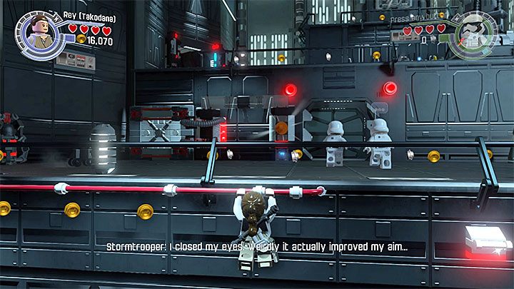 Przemieszczaj się w lewo w pozycji wiszącej aż dotrzesz do miejsca gdzie kończy się balustrada - Rozdział 9 - Zniszczyć bazę Starkiller | Tryb fabularny - LEGO Gwiezdne wojny: Przebudzenie Mocy - poradnik do gry
