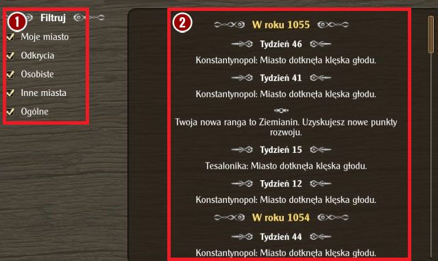 Jak możesz zauważyć na powyższym obrazku, zakładka poświęcona wydarzeniom składa się z dwóch elementów: filtrów pomagających wychwycić poszczególne informacje[1] i pola na którym wyświetlane są pożądane wiadomości[2] - Interfejs | Podstawy Grand Ages Medieval - Grand Ages: Medieval - poradnik do gry