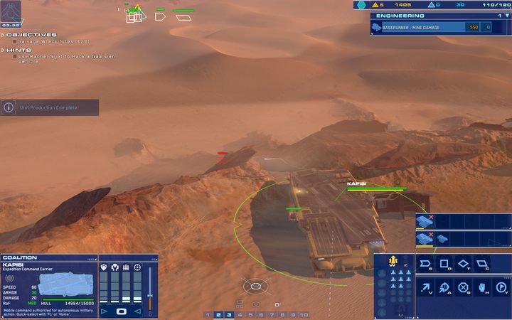 Ustaw Kapisi w przejściu - wrogi jednostki będą mogły przejść obok, lecz nie zdołają ominąć rakiet transportowca. - 5 - Kalash Wreck | Kampania | Homeworld Deserts of Kharak - Homeworld: Deserts of Kharak - poradnik do gry