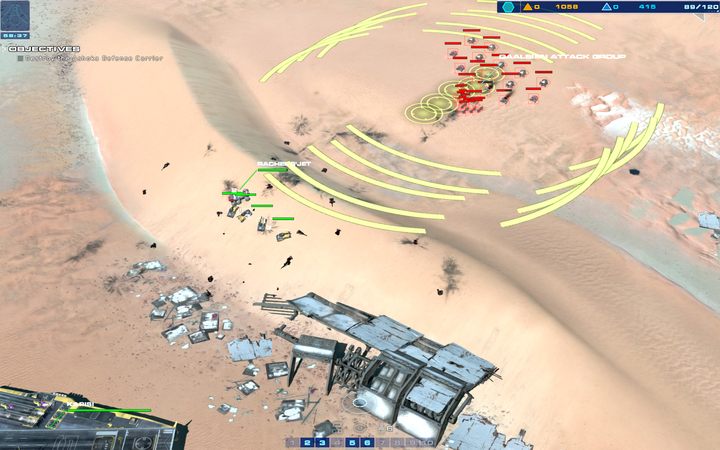 Ustaw się za wzgórzem, tak aby wszystkie twoje jednostki razem z Kapisi rozpoczęły jednoczesny atak. - 6 - Beladin Dune Sea | Kampania | Homeworld Deserts of Kharak - Homeworld: Deserts of Kharak - poradnik do gry