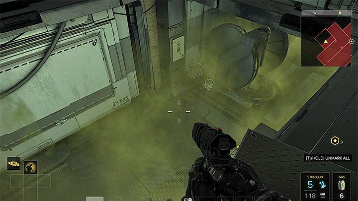 Przejście przez pomieszczenie z gazem to jedna z metod dotarcia na poziom 2 - Cel - Rucker - zadanie główne | Kompleks Utulek | Deus Ex Rozłam Ludzkości - Deus Ex: Rozłam Ludzkości - poradnik do gry