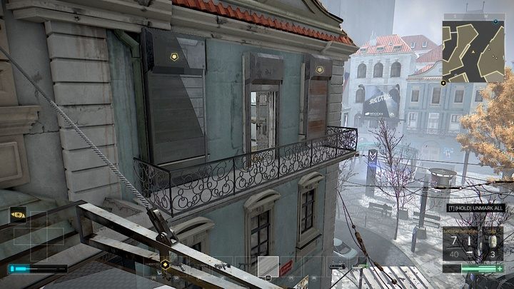 Do budynku musisz dostać się ze szklanego dachu nad ulicą. - Mapa północnej części Pragi - M3 | Praga - Mapy | Deus Ex Rozłam Ludzkości - Deus Ex: Rozłam Ludzkości - poradnik do gry