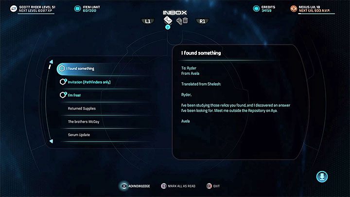 Musisz otrzymać wiadomość od Aveli - Zadania dodatkowe | Aya | Zadania w Helejosie w Mass Effect Andromeda - Mass Effect: Andromeda - poradnik do gry