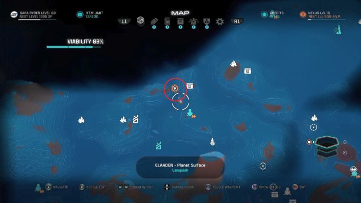 Lokalizacja celu na mapie planety Elaaden. - Zbadaj wrak Porzuconych | Elaaden | Zadania w Helejosie w Mass Effect Andromeda - Mass Effect: Andromeda - poradnik do gry