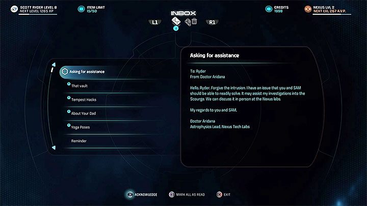 Na skrzynkę mailową głównego bohatera musi wpłynąć wiadomość od doktor Aridany - Strażacy | Nexus | Zadania w Helejosie w Mass Effect Andromeda - Mass Effect: Andromeda - poradnik do gry