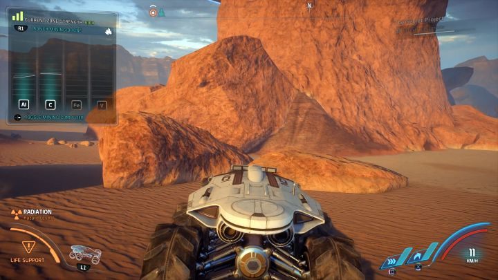 W lewym górnym rogu widać tak stan złoża, jak i surowce, które można zebrać. - Jak zbierać surowce przy pomocy pojazdu NOMAD w Mass Effect Andromeda? | FAQ - Mass Effect: Andromeda - poradnik do gry