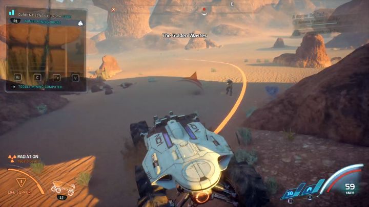 Pomarańczowa linia przedstawiająca zasięg rozstawionej już sondy górniczej. - Jak zbierać surowce przy pomocy pojazdu NOMAD w Mass Effect Andromeda? | FAQ - Mass Effect: Andromeda - poradnik do gry
