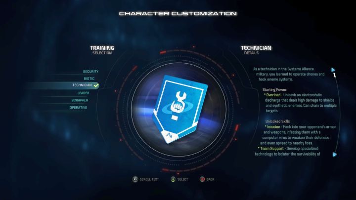 Wybór Technika (Technician) jako treningu dla postaci. - Technik (Technician) w Mass Effect Andromeda | Bohater - Mass Effect: Andromeda - poradnik do gry