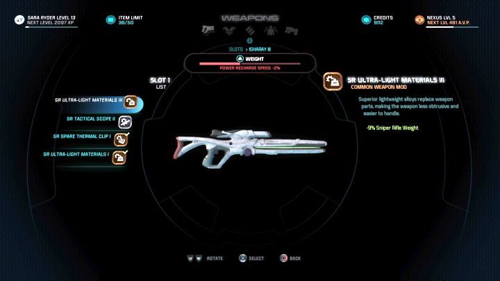 Okno modyfikacji ekwipunku - w tym przypadku broni. - Jak nałożyć modyfikacje na broń i pancerz? | FAQ - Mass Effect: Andromeda - poradnik do gry
