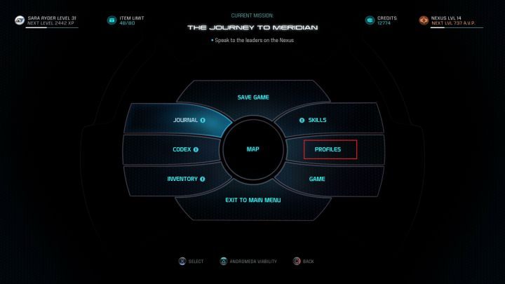 Do ekranu wyboru profili dostać można się po spauzowaniu gry. - Informacje ogólne | Profile postaci | Bohater - Mass Effect: Andromeda - poradnik do gry