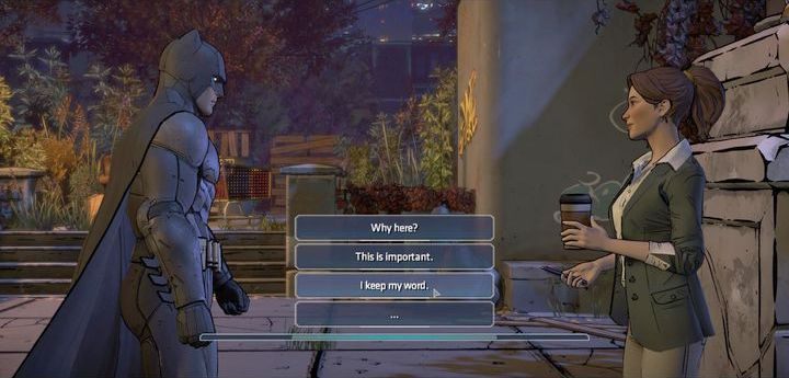 Po krótkiej rozmowie z Harveyem oraz Alfredem będziesz musiał umówić się na spotkanie z reporterką po czym udać się na spotkanie - Chapter 5 - Third Wheel | New World Order Batman The Telltale Games Series - Batman: The Telltale Games Series - poradnik do gry