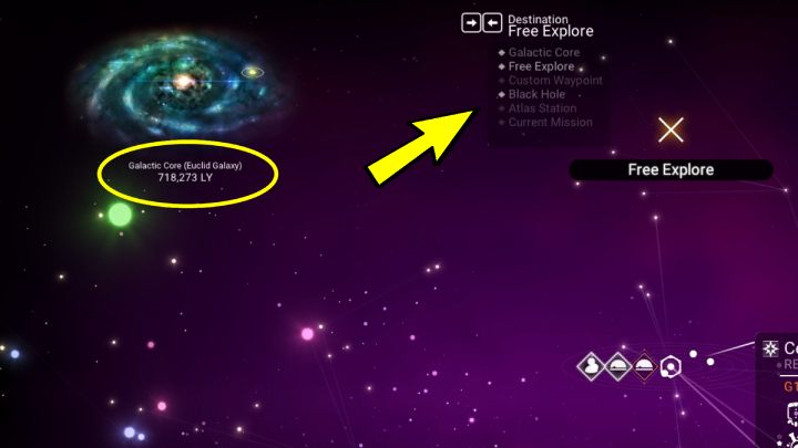 Gdy znajdujecie się w przestrzeni kosmicznej, otrzymujecie dostęp do mapy galaktyki - No Mans Sky: Galaktyka - eksploracja, centrum, rdzeń, czarna dziura, mapa galaktyki - No Mans Sky - poradnik do gry