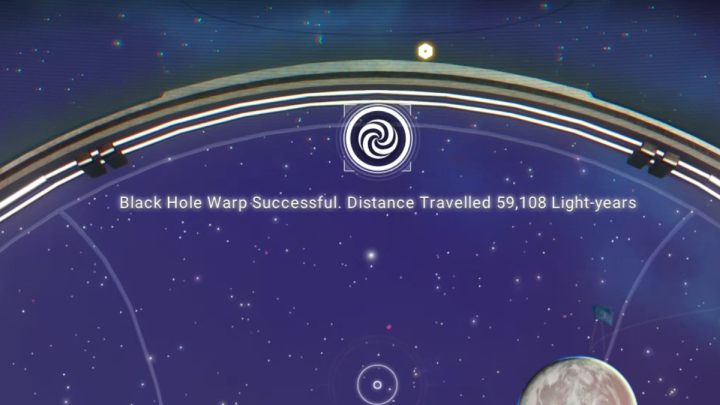 Po podróży przez czarną dziurę, na ekranie pojawi się informacja ile lat świetlnych przebyliście - No Mans Sky: Galaktyka - eksploracja, centrum, rdzeń, czarna dziura, mapa galaktyki - No Mans Sky - poradnik do gry