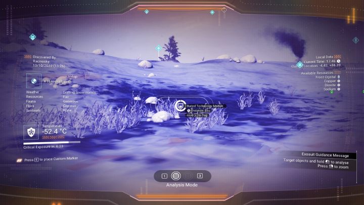 Podczas używania wizjera wyświetlą się informacje o Waszym położeniu, czas na planecie, warunki pogodowe oraz wiele innych przydatnych komunikatów - No Mans Sky: Planeta - egzopojazd (Egzocraft), mapy, wzmacniacz sygnału (Signal Booster) - No Mans Sky - poradnik do gry
