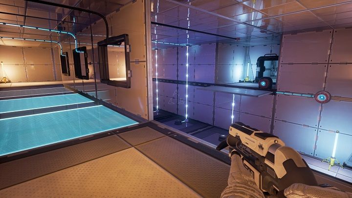 Przeskakujemy na środkową energetyczną platformę i za okna pobieramy wiązkę z urządzenia z ruchomą platformą, spowoduję to jej upadek w dół - Chapter 4 - Opis Przejścia - The Turing Test - poradnik do gry