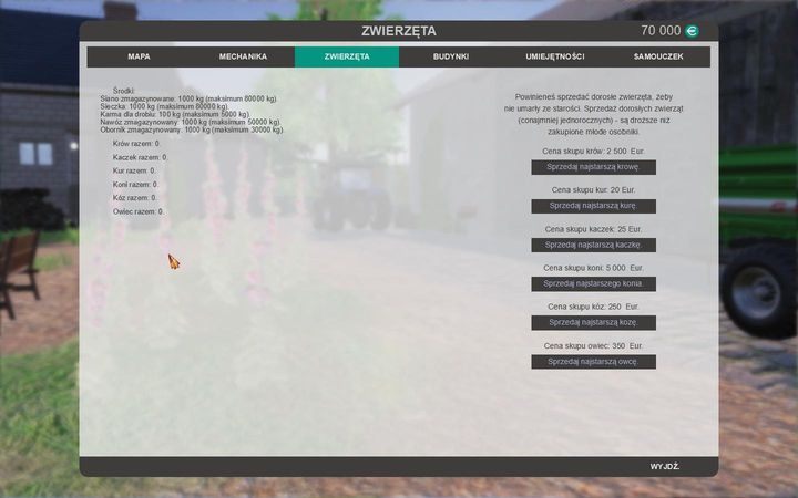 Kolejny ekran poświęcony został zwierzętom - znajdziesz tam spis wszystkich posiadanych zwierząt oraz pożywienia dla nich, jak również skorzystasz z opcji sprzedaży najstarszych osobników - Ustawienia | Podstawy | Polska Farma 2017 - Polska Farma 2017 - poradnik do gry
