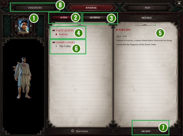 Powyższy obrazek przedstawia zawartość dziennika pojedynczego bohatera - Interfejs Divinity Original Sin 2 | Podstawy - Divinity Original Sin 2 - poradnik do gry