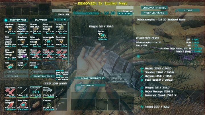 Gdy ogłuszymy wybrane przez nas stworzenie i podejdziemy do niego, wyskoczy nam możliwość otwarcia ekwipunku stworzenia za pomocą przycisku E - ARK: Oswajanie - podstawy - ARK Survival Evolved - poradnik do gry