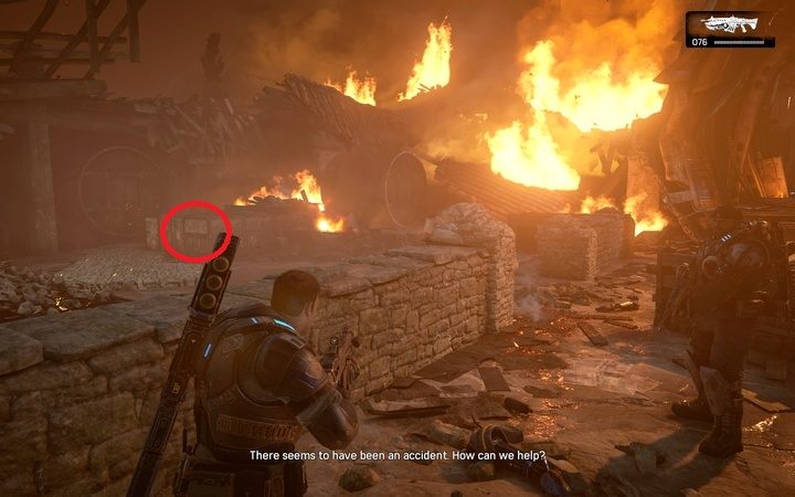 W palącym się składzie popatrz od razu na lewo - za osłoną znajdziesz butelkę - Akt 2:2 - Gotowi do akcji | Opis przejścia Gears of War 4 - Gears of War 4 - poradnik do gry