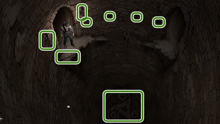 Zauważ cztery grube żelazne pierścienie mocno przytwierdzone do muru nad resztkami kładki - Rozdział piąty - katakumby | Yesterday Origins - Yesterday Origins - poradnik do gry