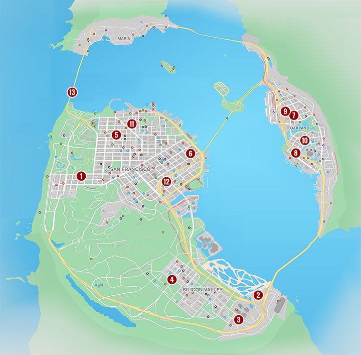 Powyższy obrazek prezentuje lokacje, w których do namalowania są graffiti - Watch Dogs 2: Malowanie, solucja, operacje poboczne - Watch Dogs 2 - poradnik do gry