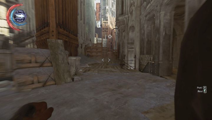 Przyczółek znajduje się na wprost, a po prawej wejście do czarnorynkowego sklepu. - Zdobądź ciało wicerewidenta Byrnea | Misja 6 - Dzielnica pyłu | Dishonored 2 - Dishonored 2 - poradnik do gry