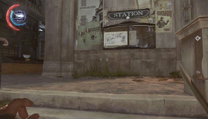 Mapa lokacji, a po lewej stronie alejka. - Skorzystaj z kolejki w dolnej Avencie | Misja 4 - Mechaniczna rezydencja - Dishonored 2 - poradnik do gry