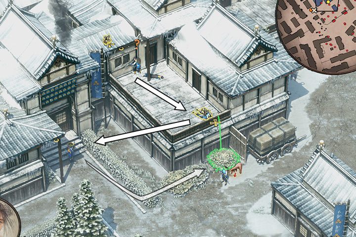 Teraz zrzuć sopel lodu na samuraja, on zatrzyma się na swojej trasie centralnie pod tym miejscem - Misja 3 - Miasto Imai - Shadow Tactics: Blades of the Shogun - poradnik do gry