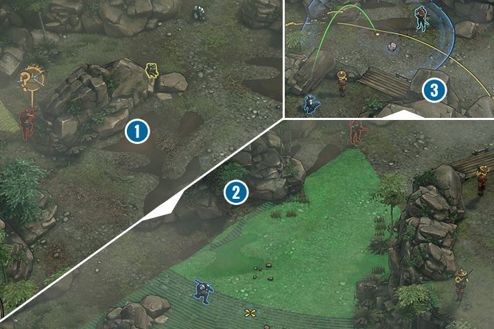 Teraz wykorzystaj umiejętności Yuki i zwab strażnika przy dżungli za dużą skałę - Misja 9 - Obóz Kage-samy - Shadow Tactics: Blades of the Shogun - poradnik do gry