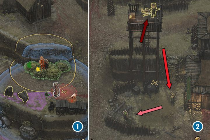 Wróć do miejsca przetrzymywania Mugena i udaj się do krzaków pod strzeżonym wejściem do wioski - Misja 7 - Wioska Suganuma - Shadow Tactics: Blades of the Shogun - poradnik do gry