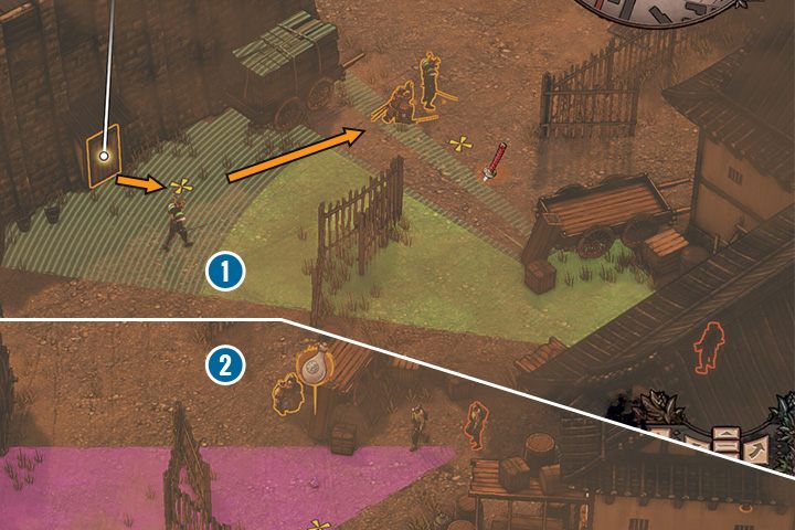 Skorzystaj z okazji, gdy patrolujący samuraj wraca w stronę więźniów, aby wejść do drzwi obok głównej bramy - Misja 8 - Miasto Kanazawa - Shadow Tactics: Blades of the Shogun - poradnik do gry